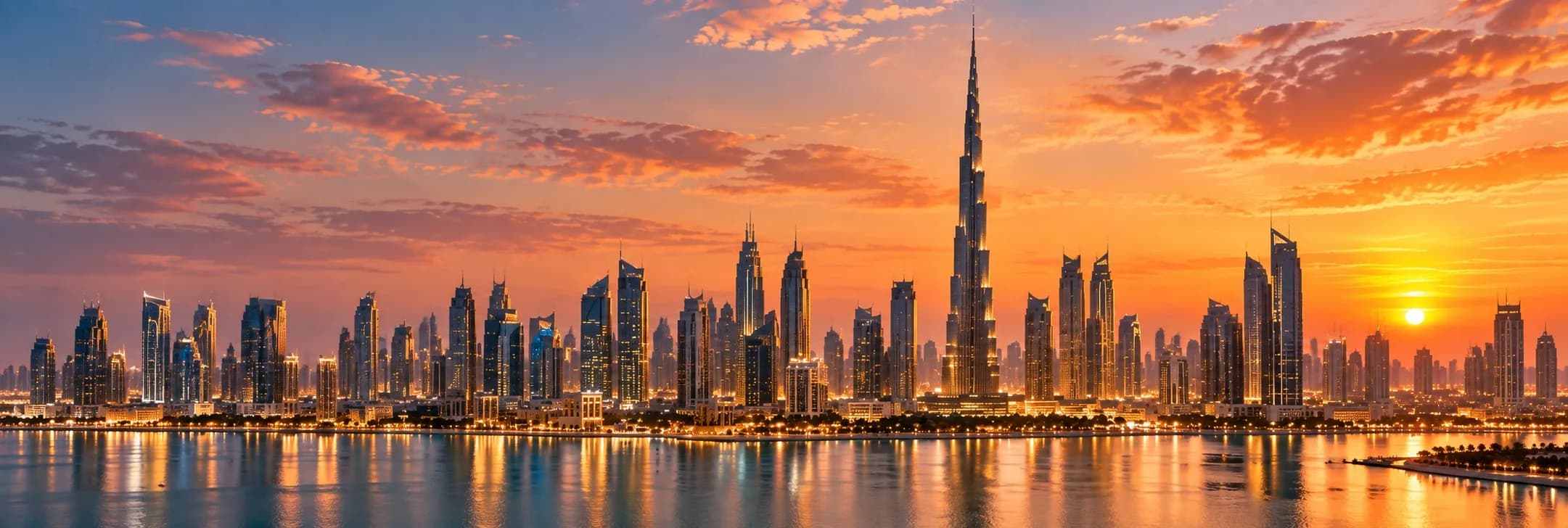 Colorful coastal city at sunset